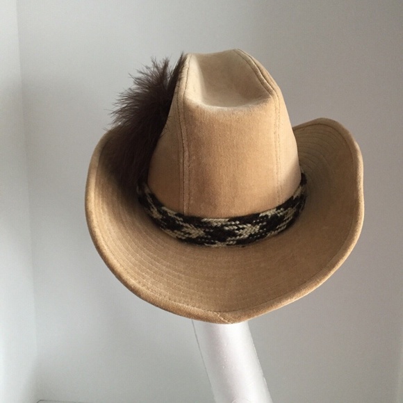 Vintage Womens Stetson Cowboy Western Hat Corduroy Cotton Feather Beige 6-3/4 - Picture 4 of 12